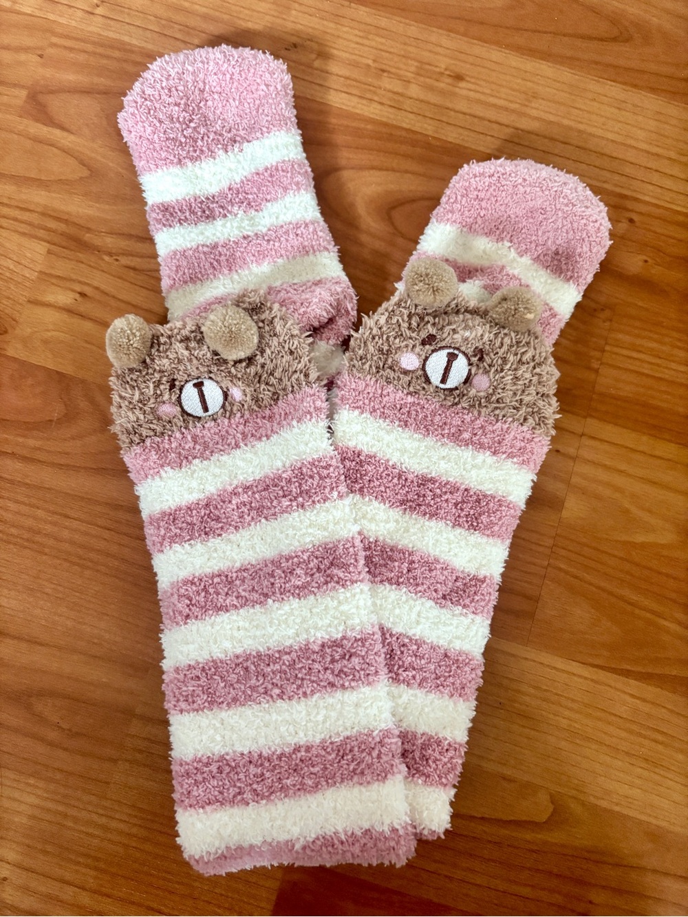 Cozy Pink & Cream Striped Kawaii Cutecore Over the Knee Fuzzy Ladies Bear Socks